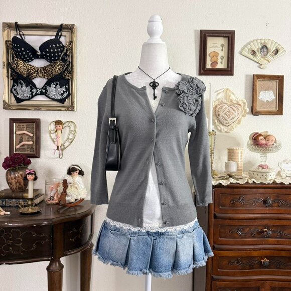 New York & Company Sweaters - y2k dainty coquette girly grunge gray cardigan w floral rosettes